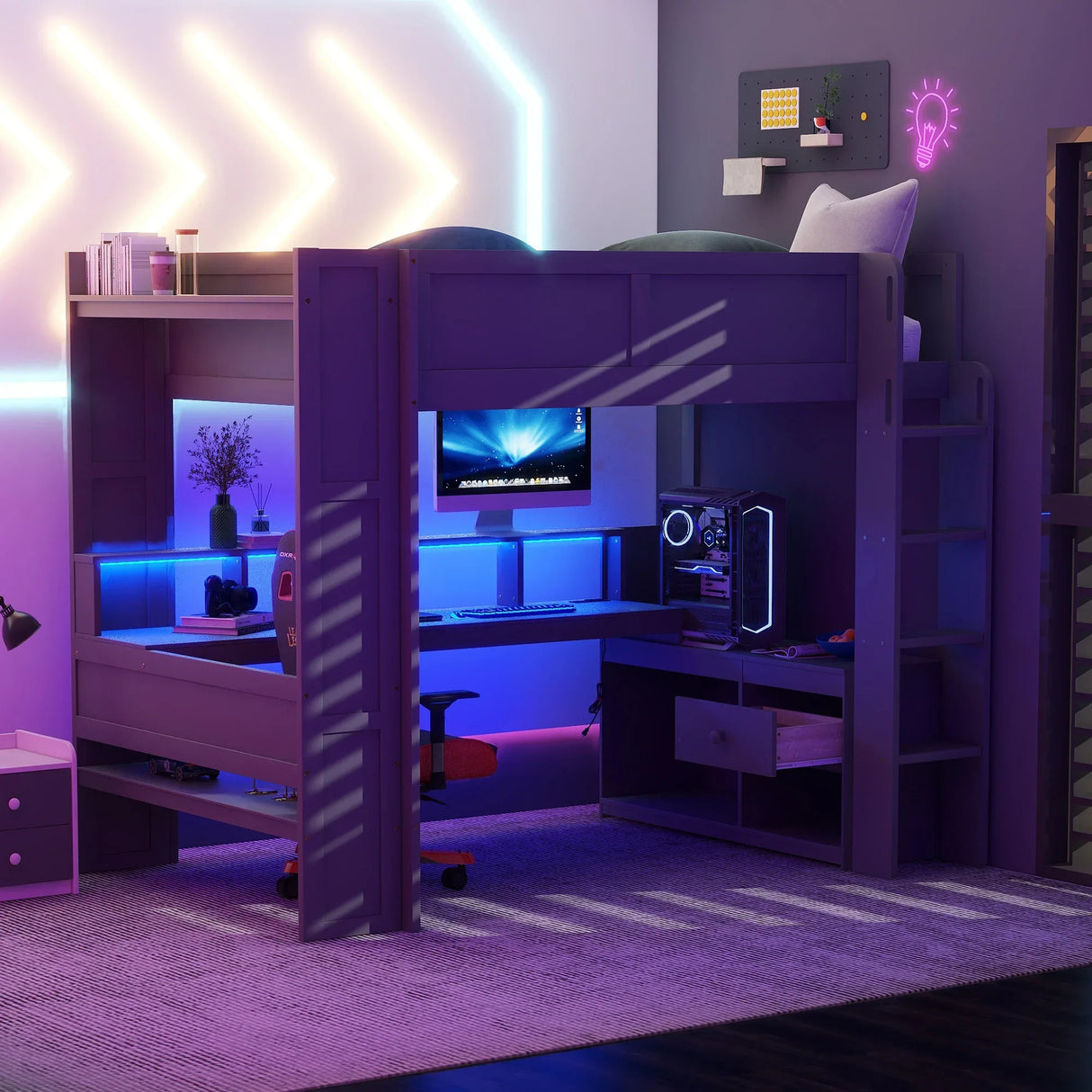 Full Wood Gaming Loft Bed Frame With Desk LED Charging Station - Omega Lifestyles