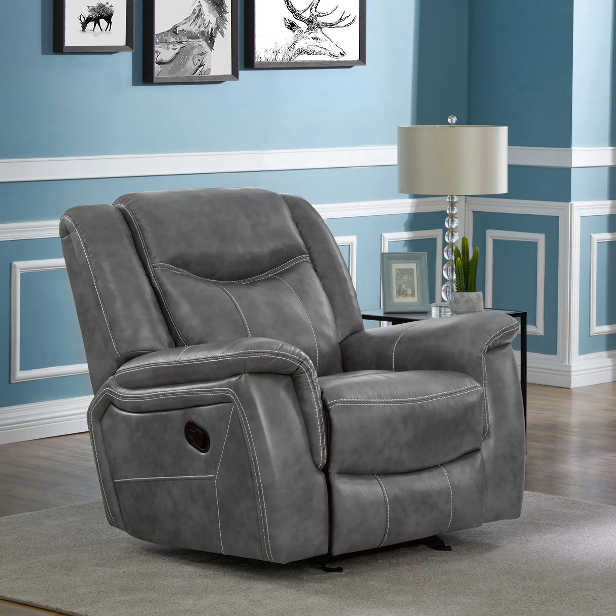 Grey Upholstered Faux Leather Padded Arm Glider Recliner - Omega Lifestyles