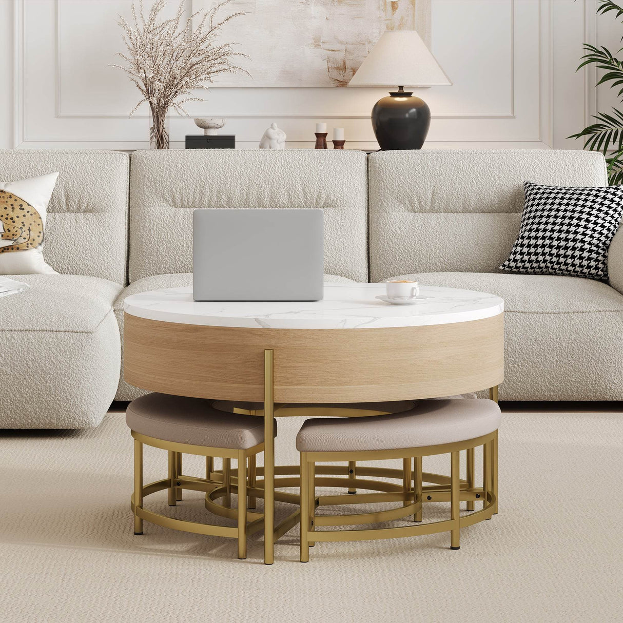 Modern Round Lift-Top Coffee Table With Storage And Ottomans - Sleep Galleria