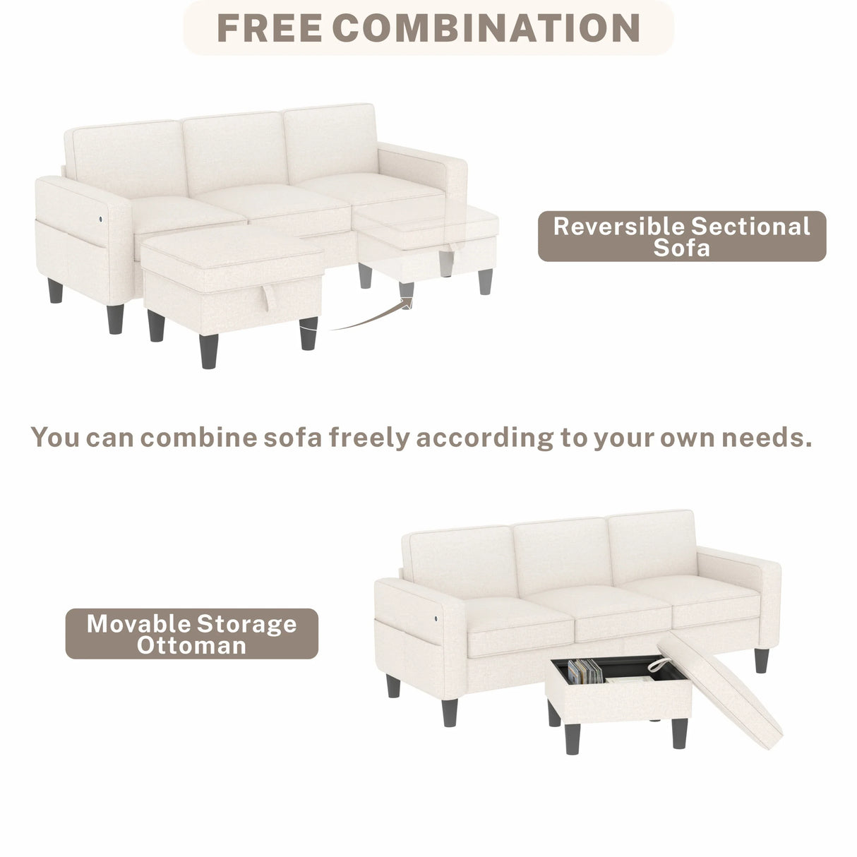 Beige Reversible Modular Sectional Sofa With Storage Ottoman - Omega Lifestyles