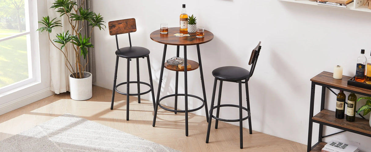 Rustic Brown Bar Table Set With Upholstered Stools - Omega Lifestyles