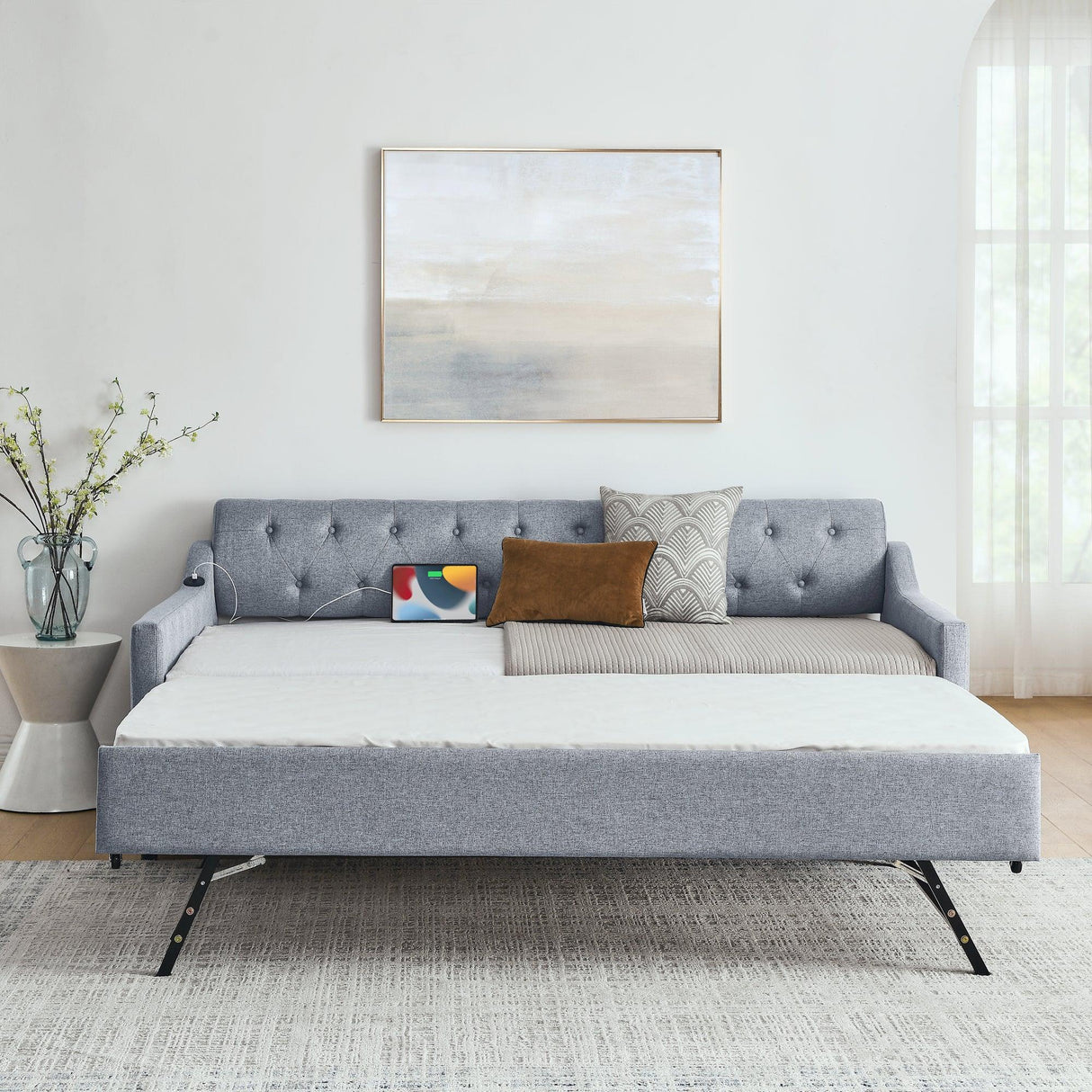 Twin Linen Upholstery Daybed With Erectable Trundle USB Charging - Omega Lifestyles