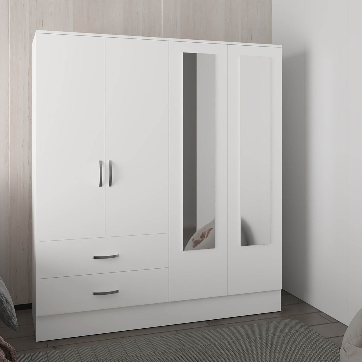 Modern White MDF Armoire With Mirrors Drawers Shelves