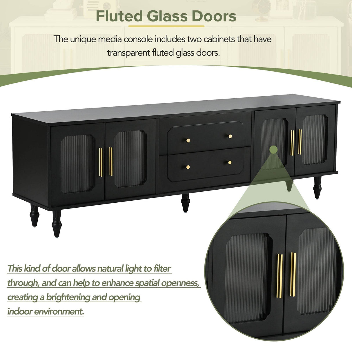 Retro Vintage Black TV Stand With Fluted Glass Doors - Sleep Galleria