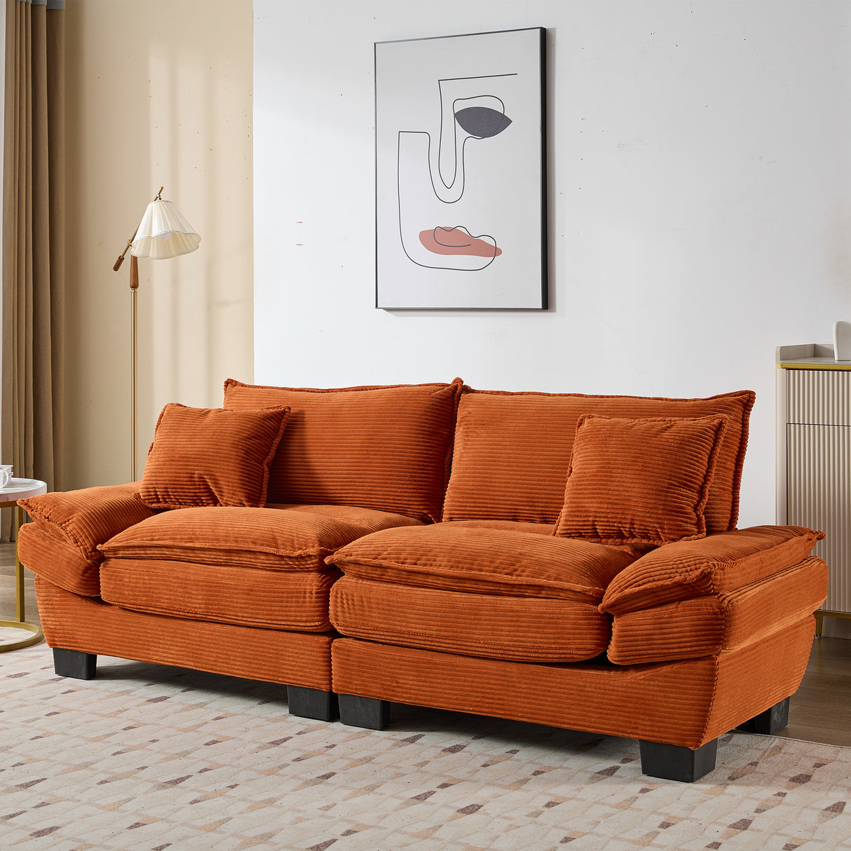 Orange Corduroy Upholstered Deep Seat Loveseat Sofa With Pillows