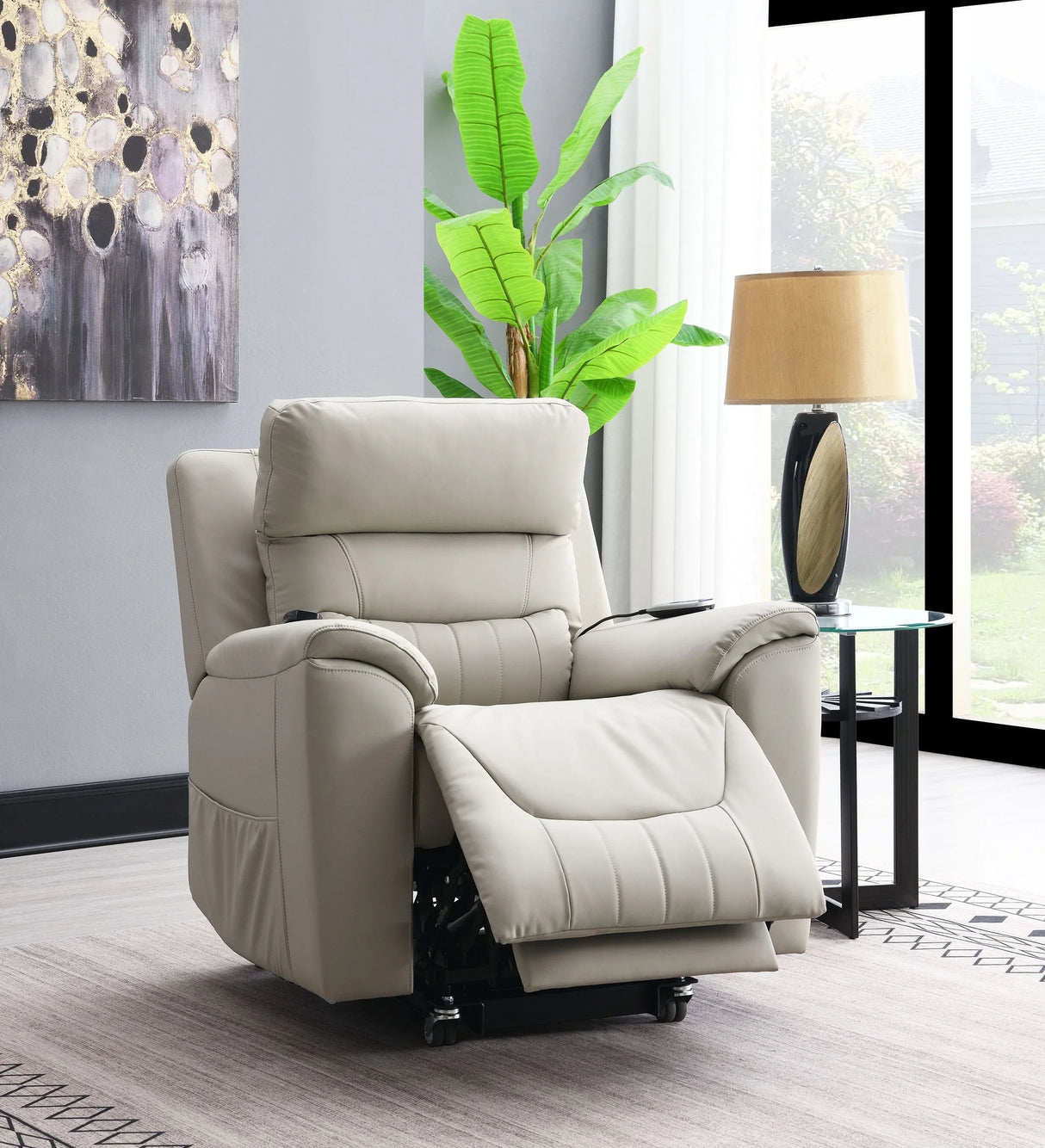 Light Gray Faux Leather Power Lift Heating Massage Chair - Omega Lifestyles