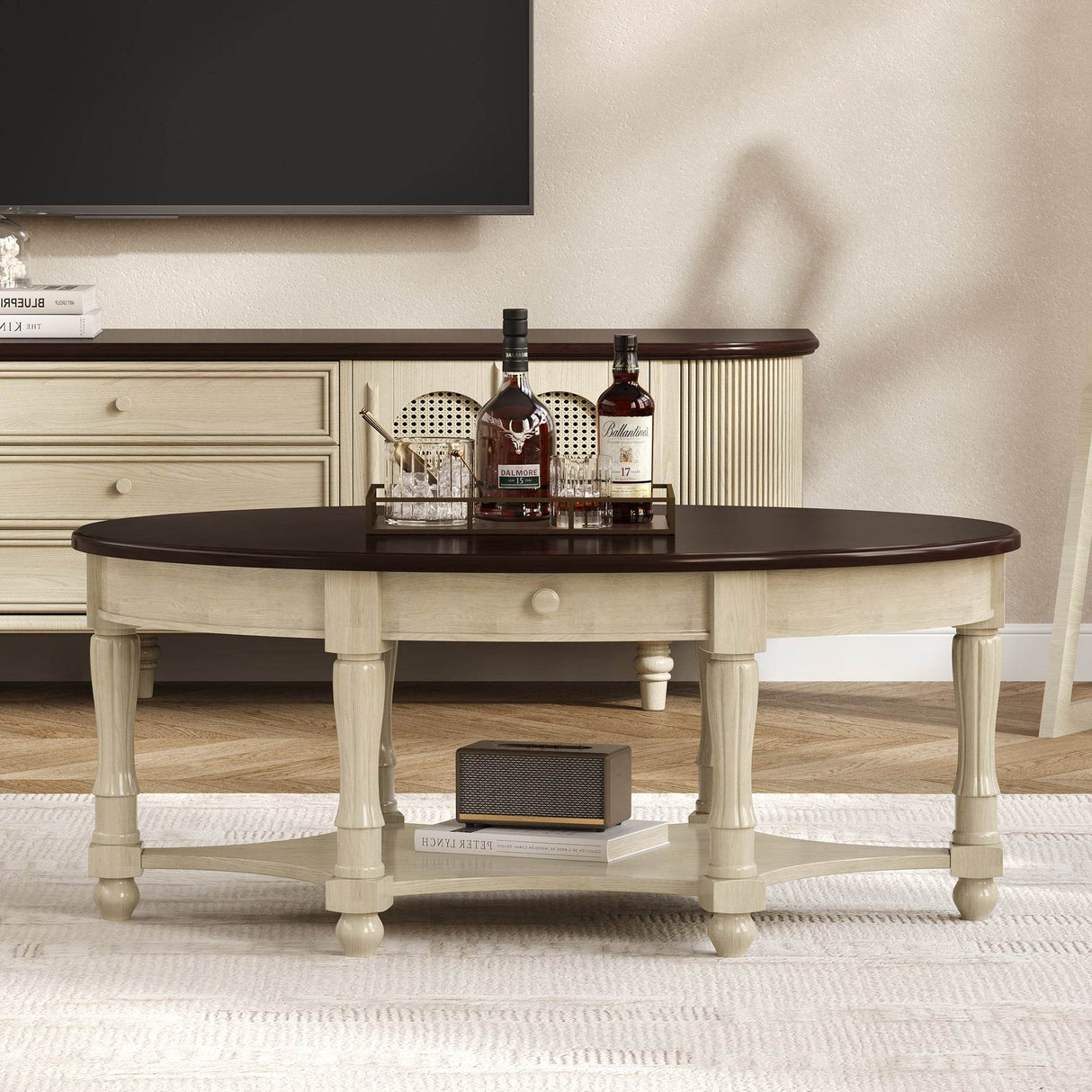 Vintage Oval Coffee Table With Drawer And Storage Shelf - Sleep Galleria