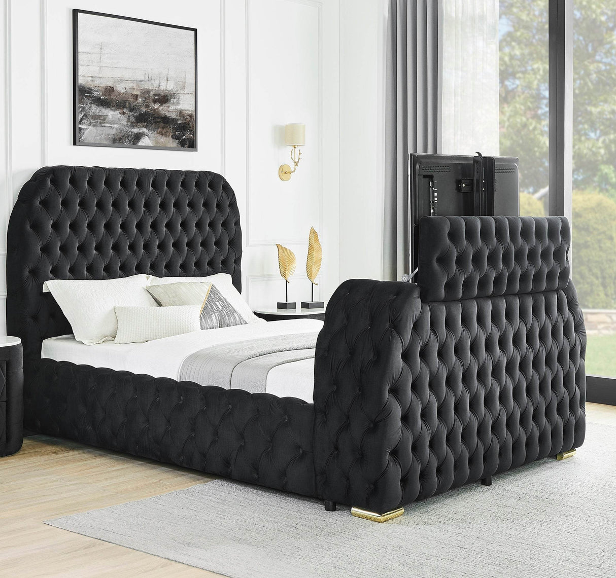 Ultra-Modern Black Velvet King Bed With Fireplace