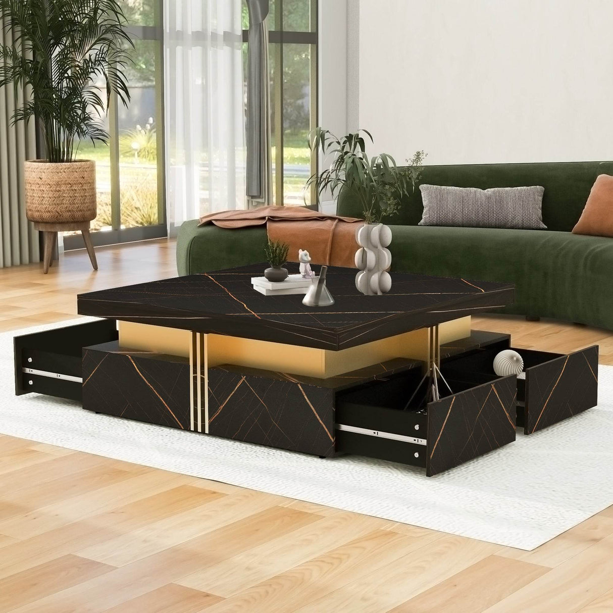 Modern Black Gold Accented Square Coffee Table With Storage - Sleep Galleria