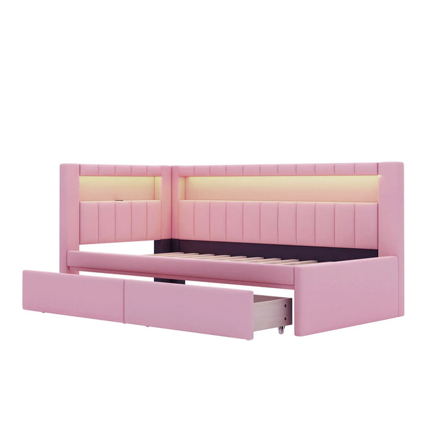 Twin Pink Upholstered Platform Bed Frame With USB Ports And LED - Omega Lifestyles