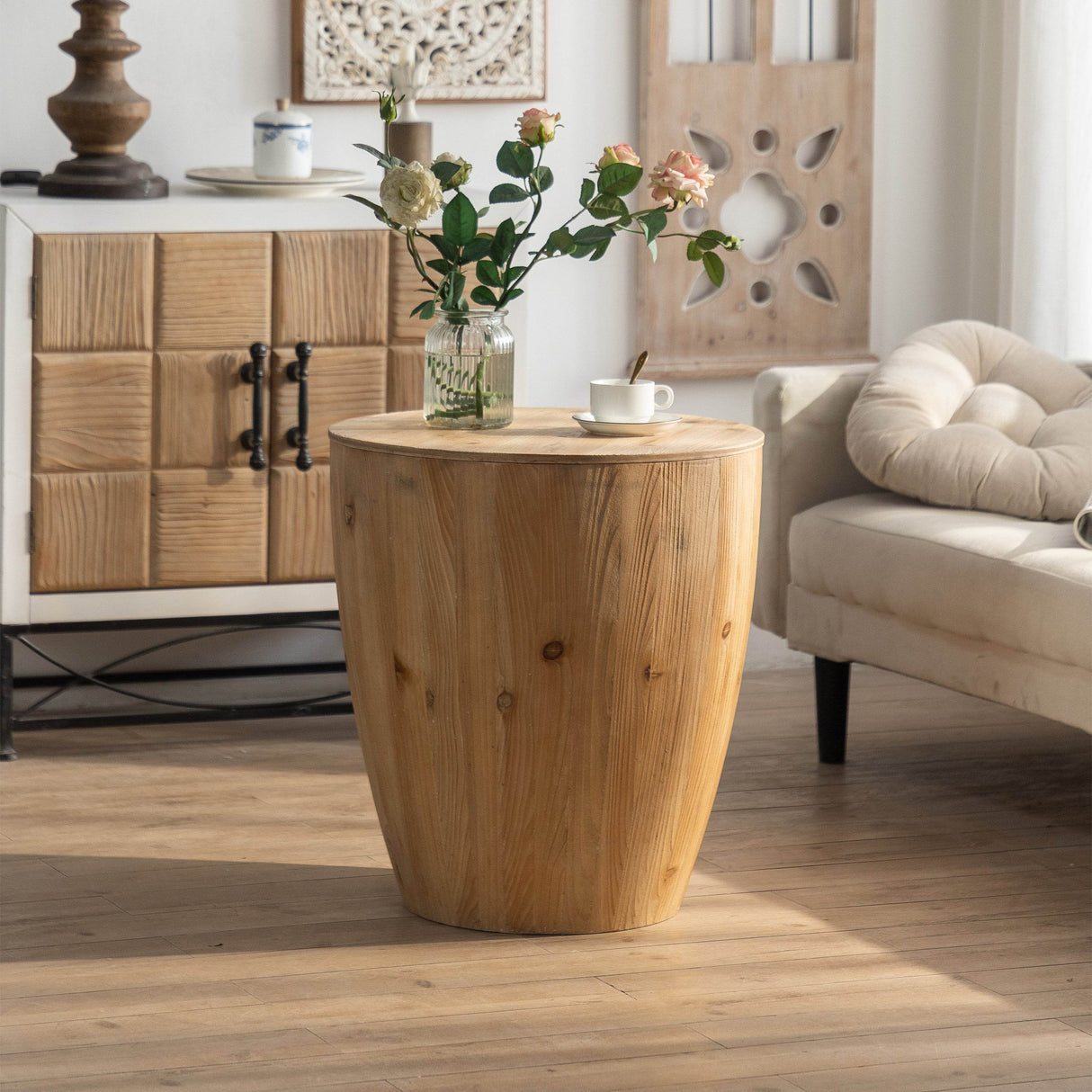 Vintage Fir Wood Barrel Shaped Coffee Table With Storage - Sleep Galleria