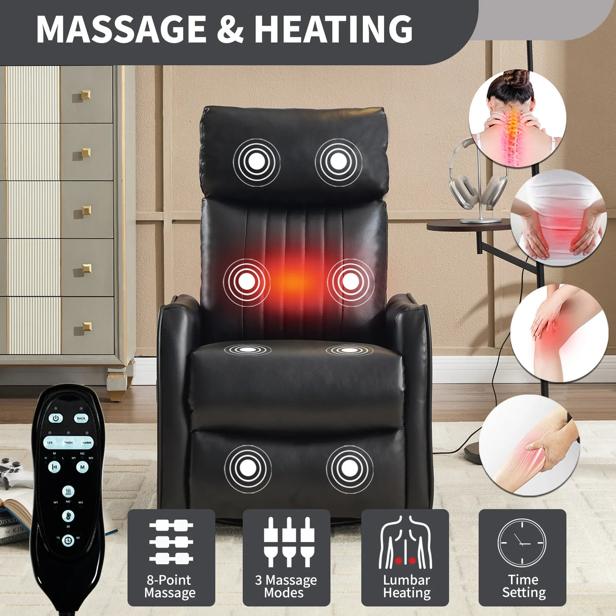 Black Faux Leather Medium-Firm Heat Massage Recliner Chair - Omega Lifestyles