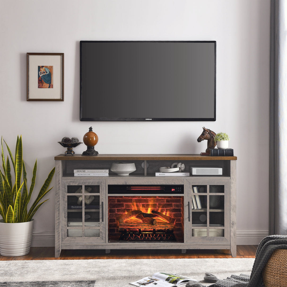 55-Inch Gray Wash Electric Fireplace Media Stand