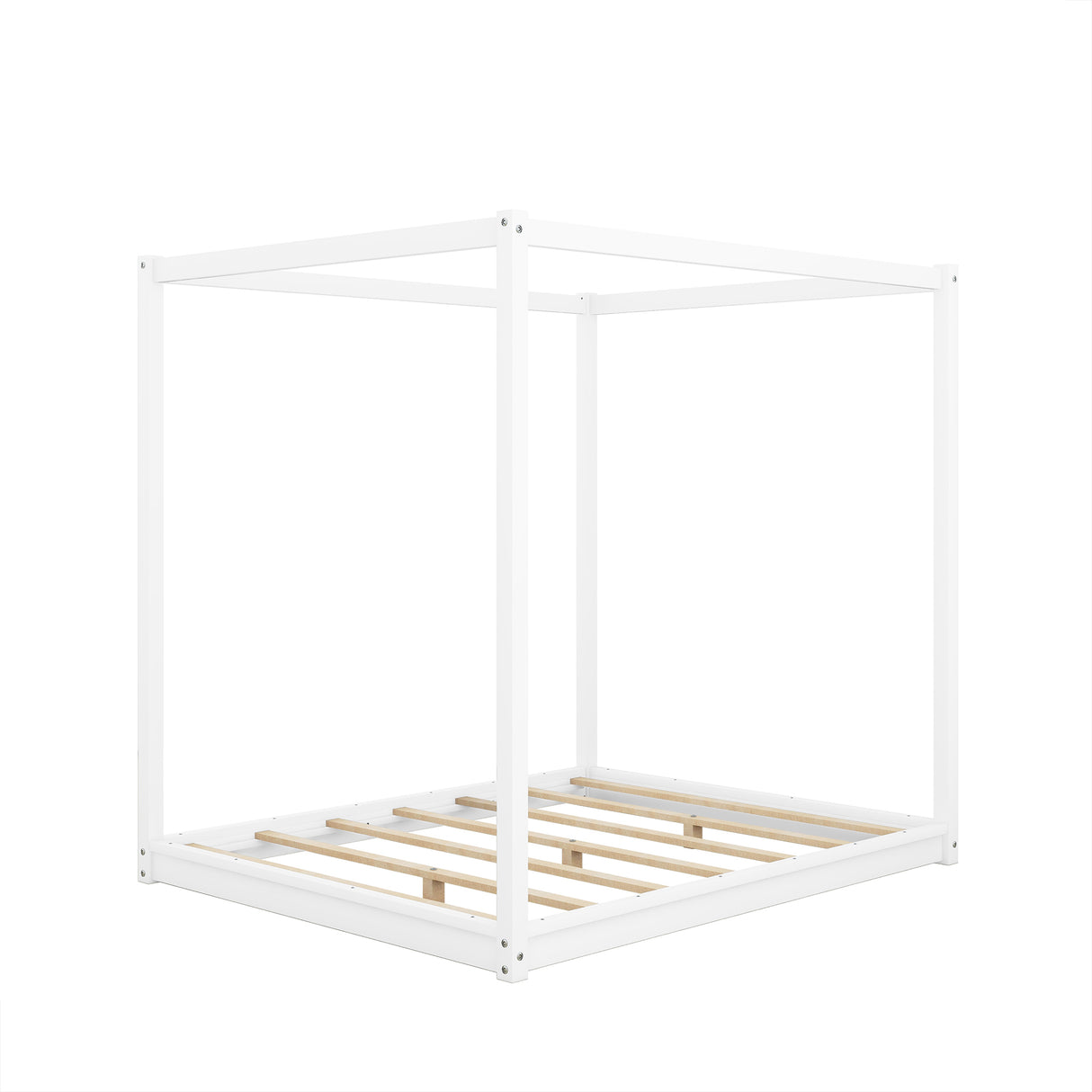 Queen White Pine Wood Canopy Platform Bed with Support Legs