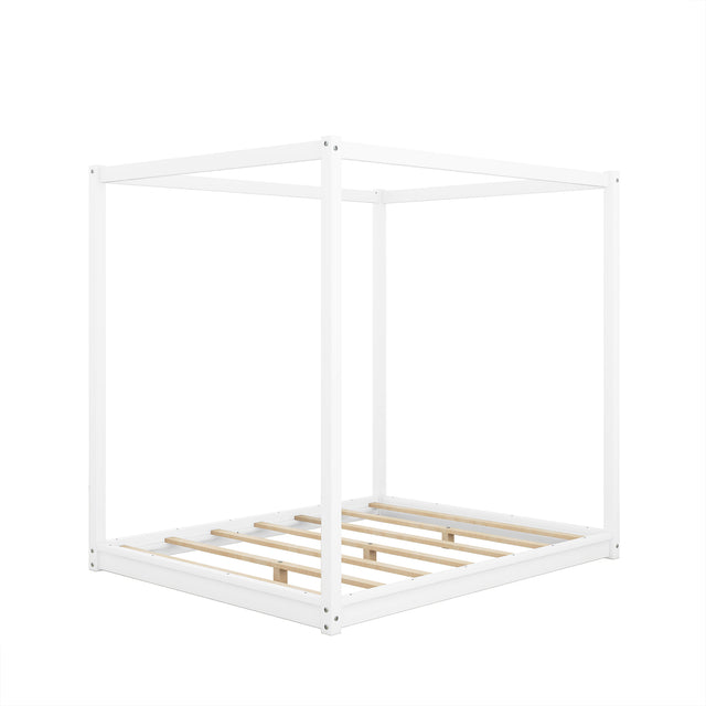 Queen White Pine Wood Canopy Platform Bed with Support Legs