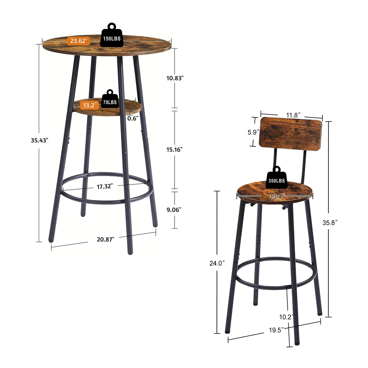 Rustic Brown Bar Table Set With Backrest Shelves - Omega Lifestyles