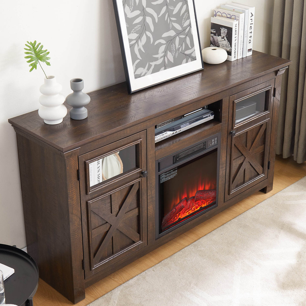 Farmhouse Espresso TV Stand With Fireplace Insert - Sleep Galleria