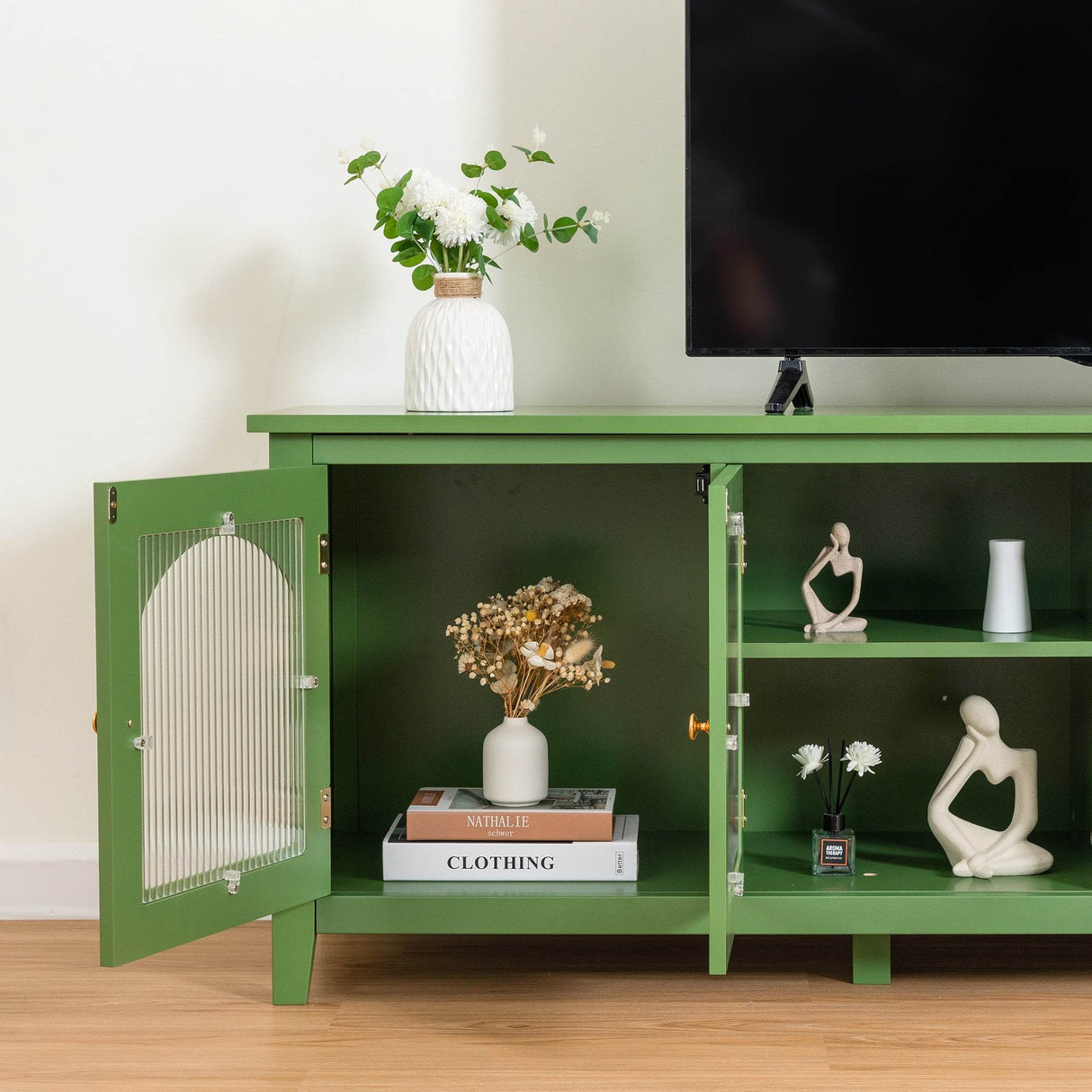 Antique Green Solid Wood TV Cabinet With Glass Door - Sleep Galleria