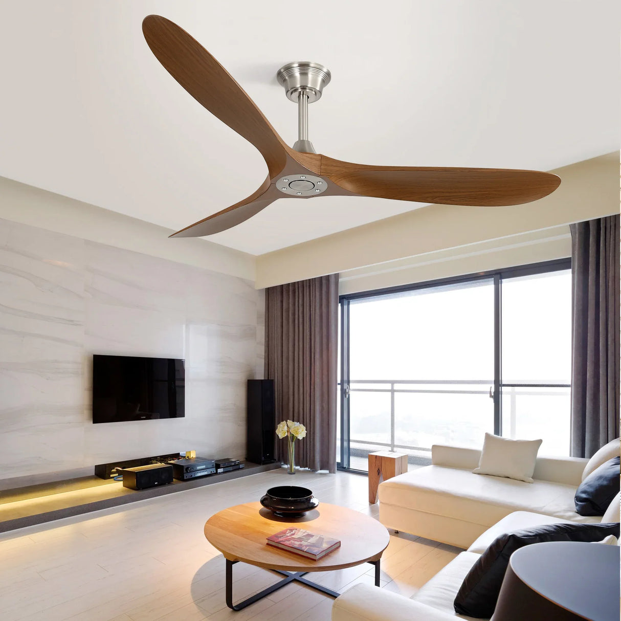 60-Inch Outdoor Brushed Nickel ABS Ceiling Fan With Remote - Omega Lifestyles