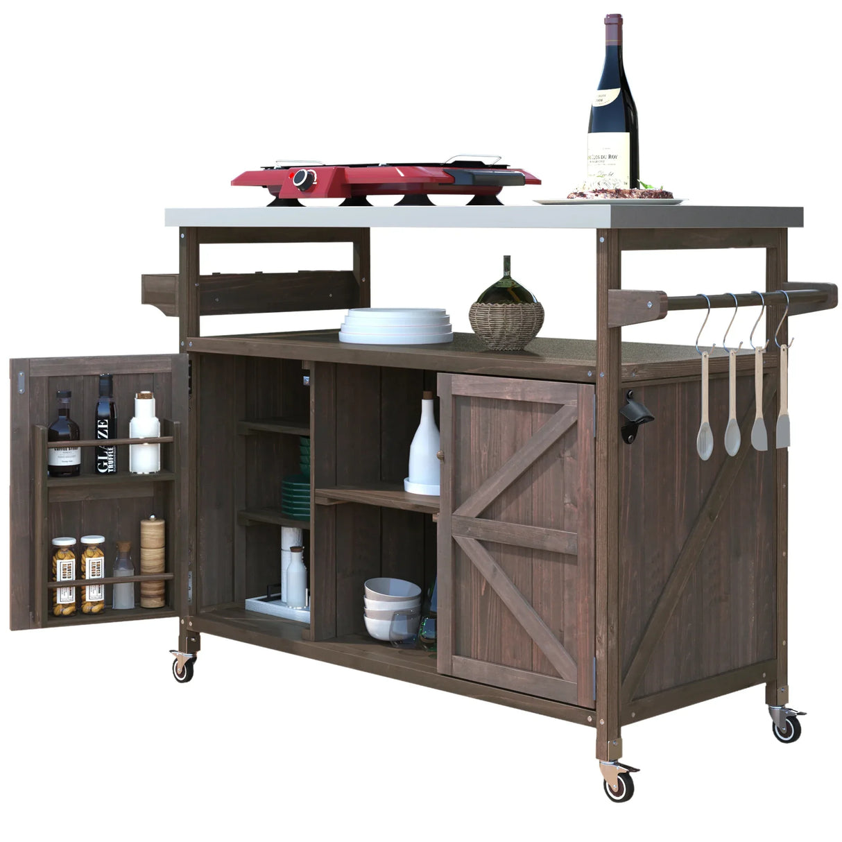 Farmhouse Solid Fir Wood Outdoor Bar Cart With Stainless Steel Top - Omega Lifestyles