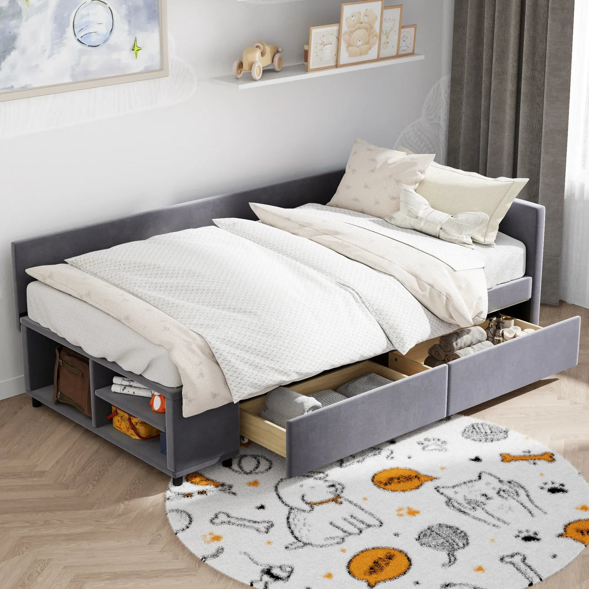 Twin Velvet Upholstered Platform Bed With Storage Drawers - Omega Lifestyles