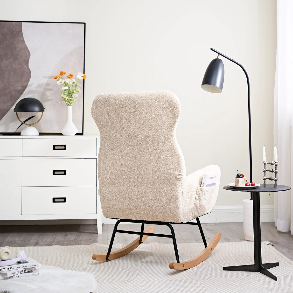 Beige Cotton Upholstered Ergonomic Rocking Chair - Omega Lifestyles