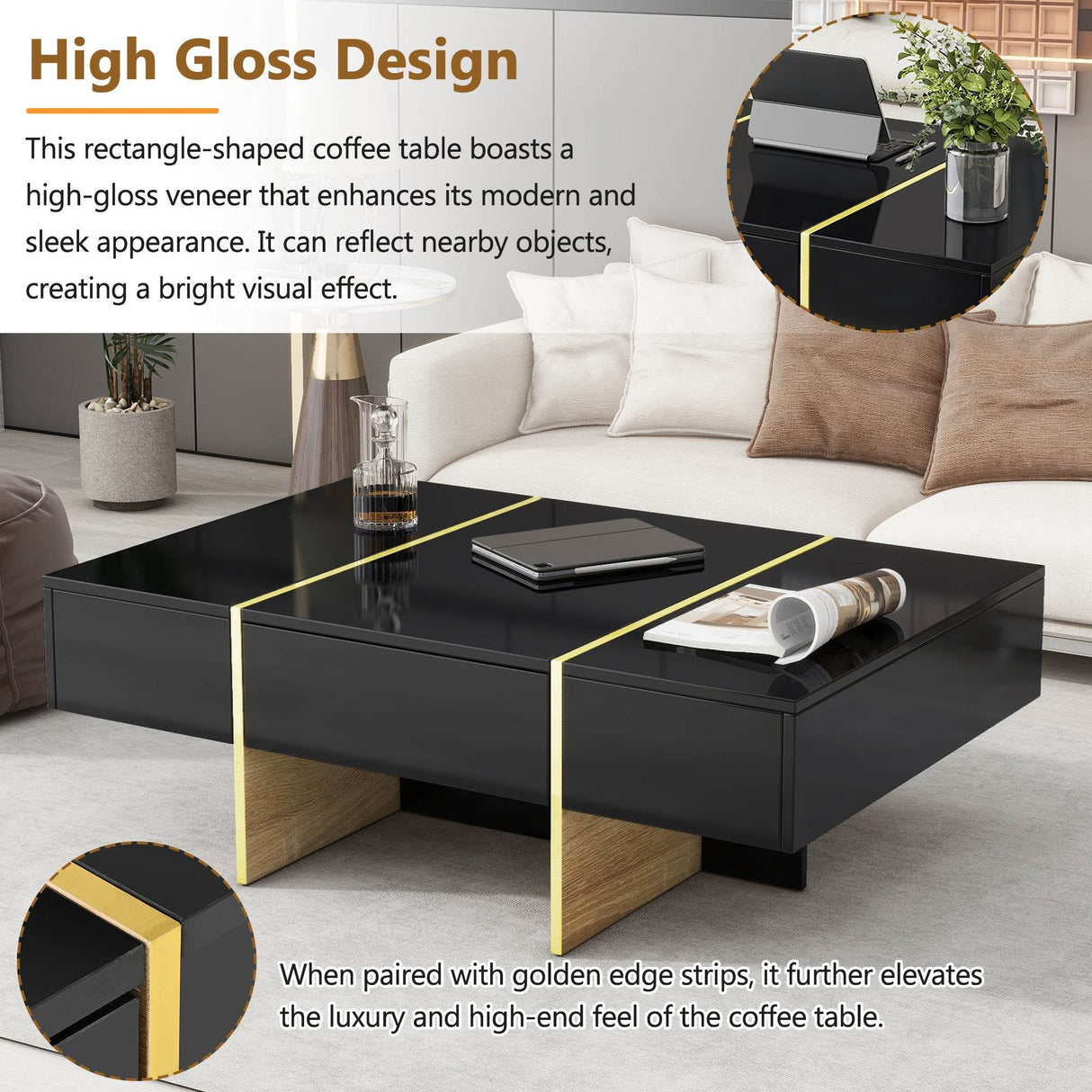 Minimalist High Gloss Black And Gold Coffee Table - Sleep Galleria