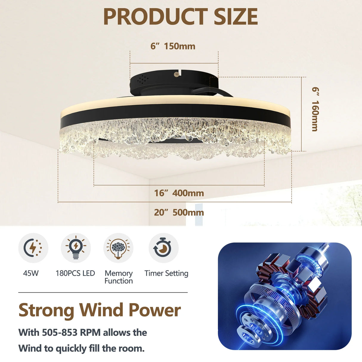 Crystal LED Flush Mount Quiet Ceiling Fan With Light - Omega Lifestyles