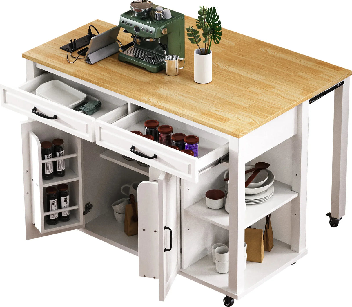 47-Inch Extendable Rubber Wood Veneer Kitchen Island - Omega Lifestyles