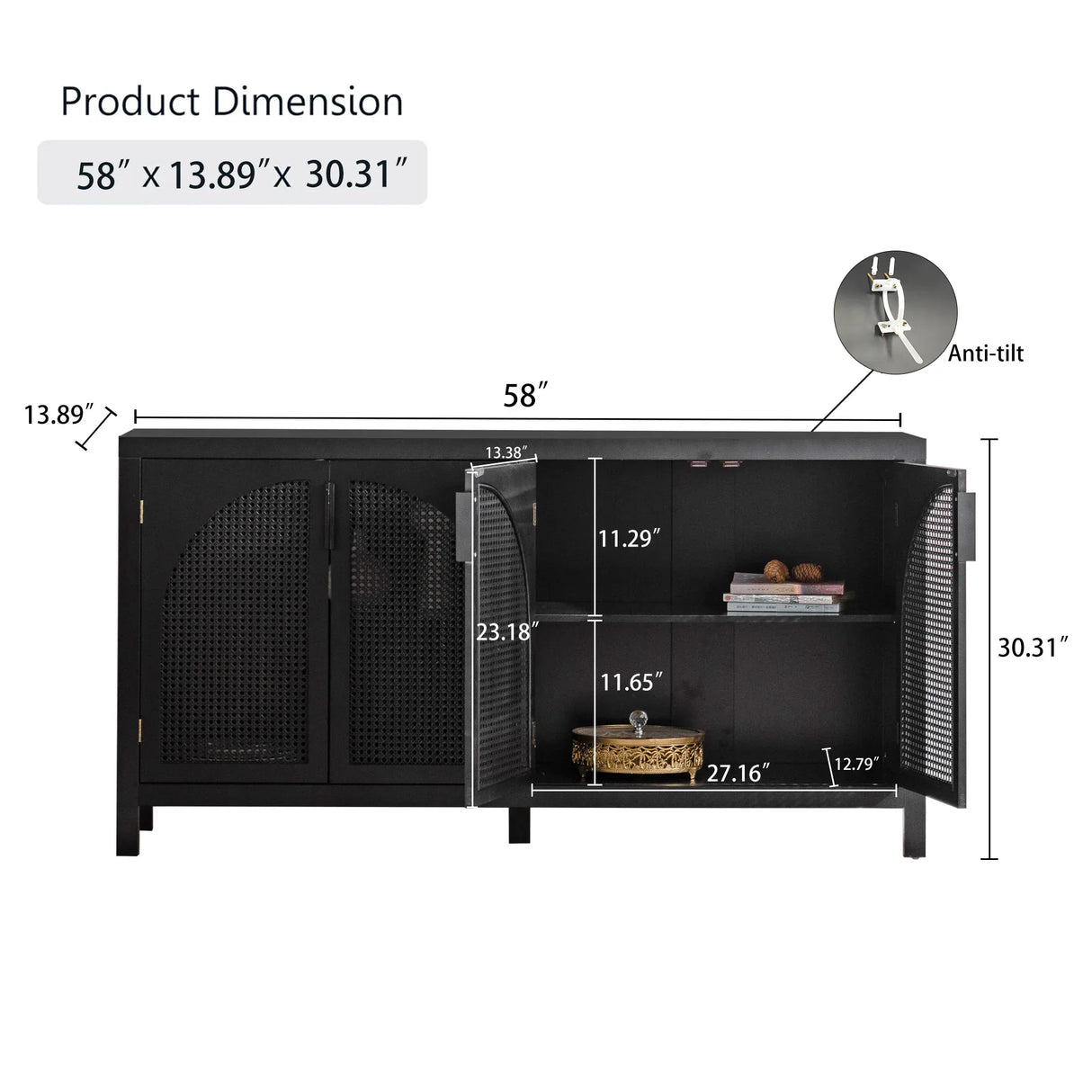 Modern Black MDF Rattan Storage Sideboard Cabinet - Omega Lifestyles