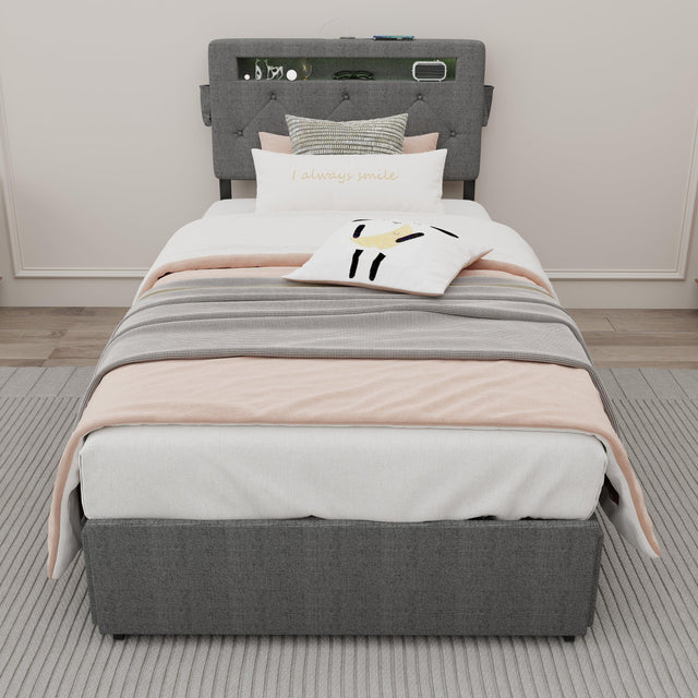 Twin Upholstered Bed Frame With Storage Drawers And USB Charging - Omega Lifestyles