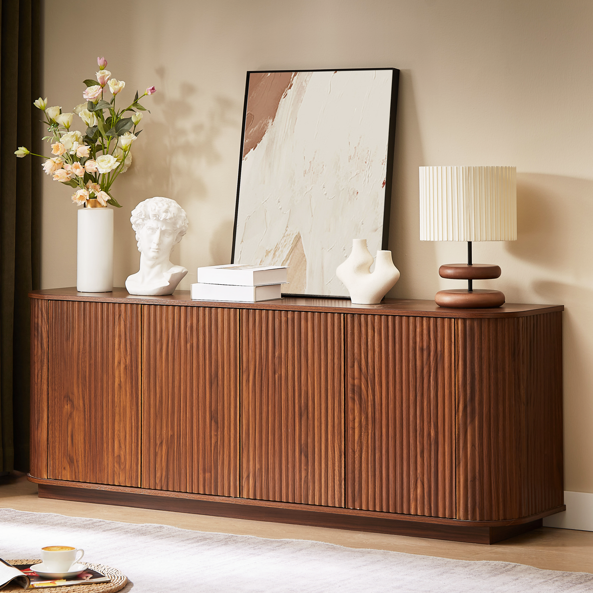 Contemporary Walnut Sideboard Cabinet With Wave Pattern