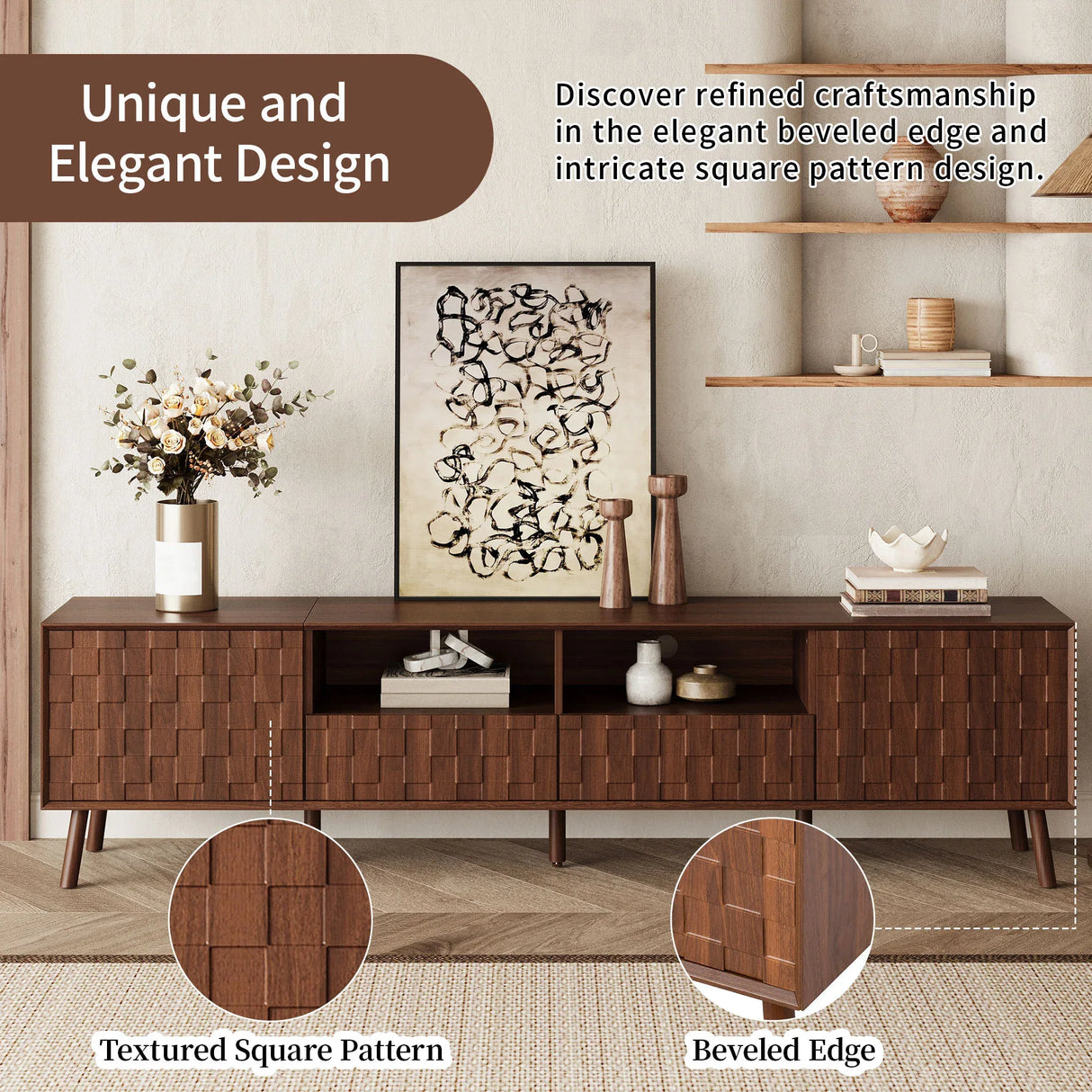 Modern Walnut 78-Inch TV Stand With Cable Management - Omega Lifestyles