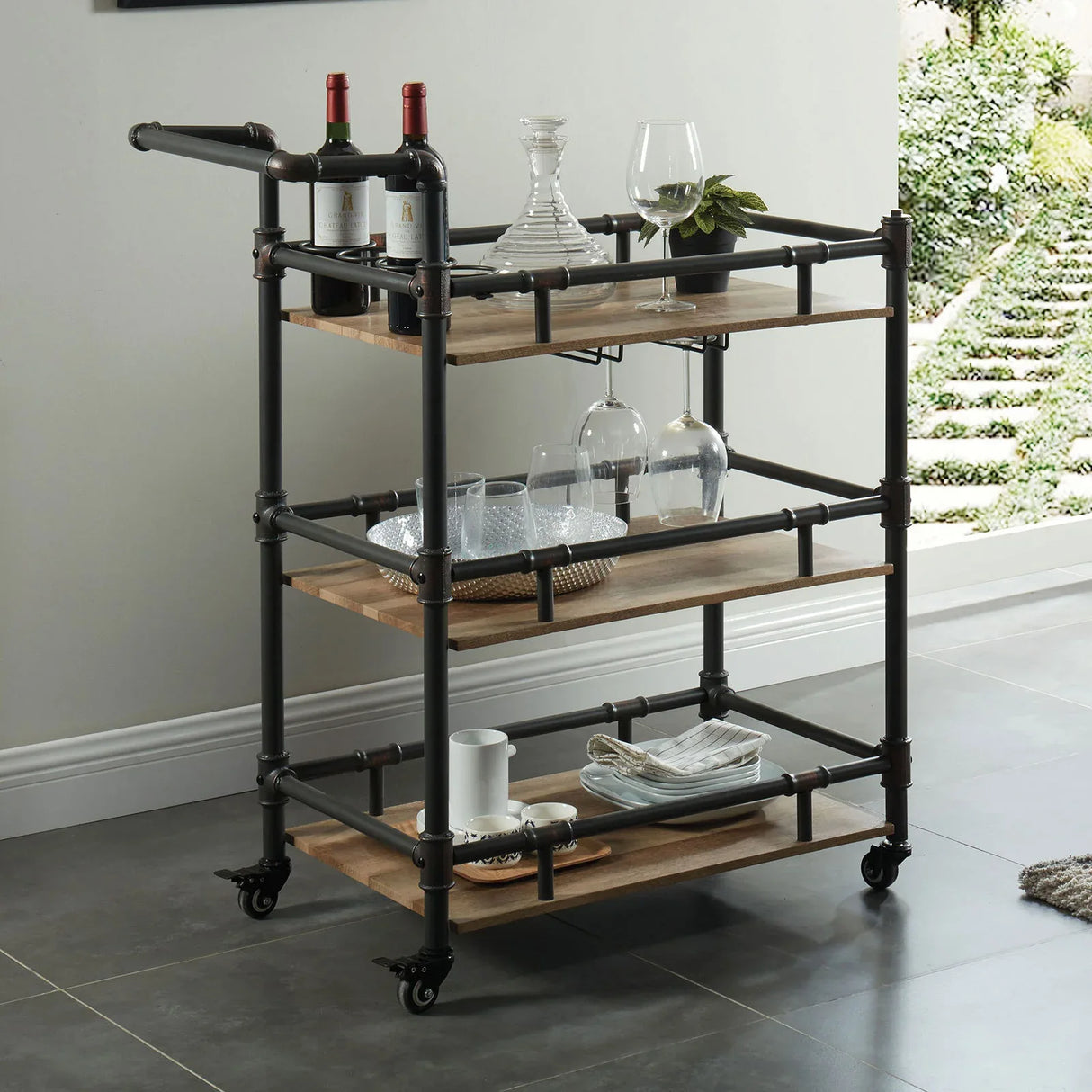 Industrial Style Metal Frame 3-Tier Oak Serving Cart - Omega Lifestyles