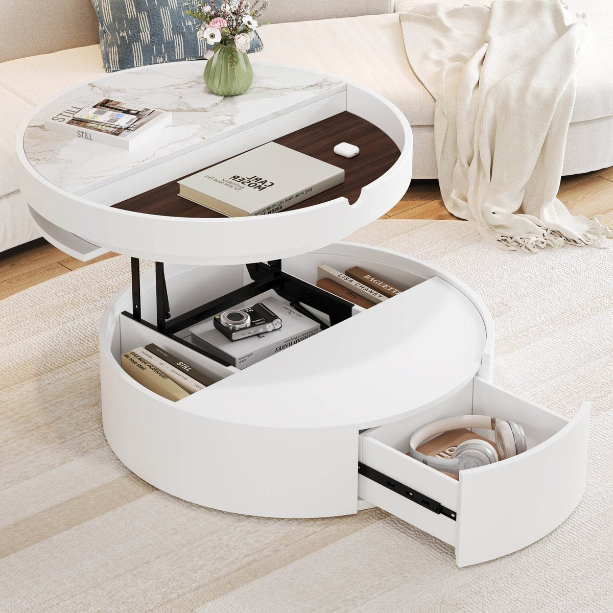 Modern White Walnut Round Lift-Top Coffee Table With Drawer