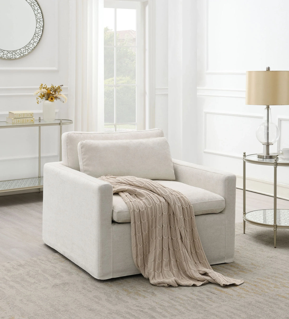 Ivory Fabric Swivel Chair With Toss Pillow - Omega Lifestyles