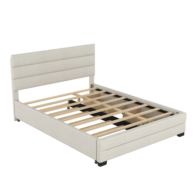 Queen Upholstered Platform Bed With Twin Trundle And Storage Drawers - Omega Lifestyles