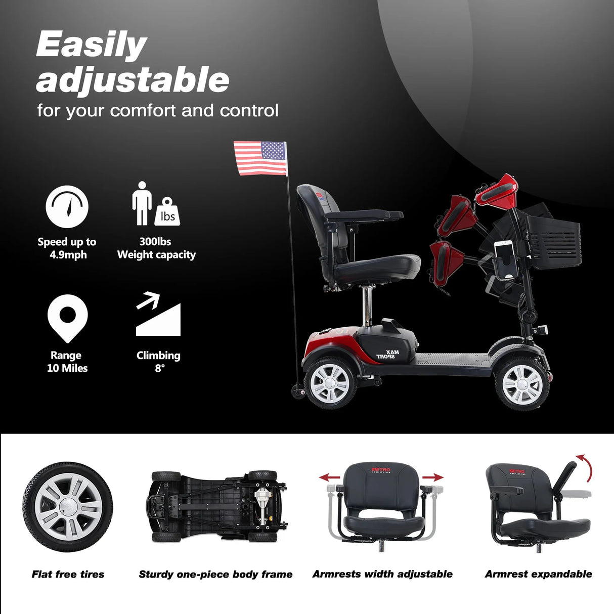 Red 4-Wheel Outdoor Compact Metal Mobility Scooter - Omega Lifestyles