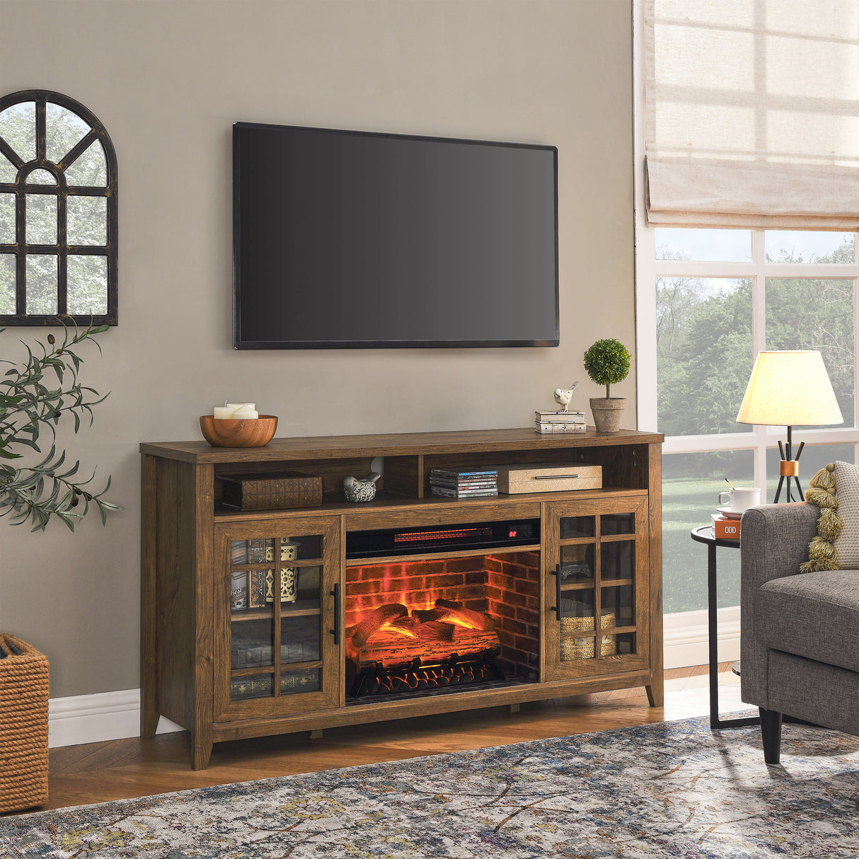 Reclaimed Barnwood 55-Inch Electric Fireplace TV Stand