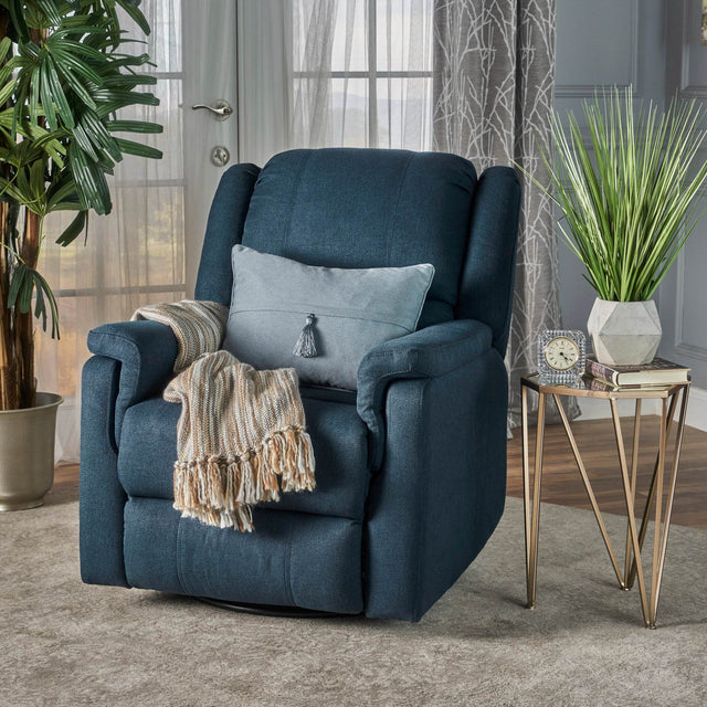 Contemporary Navy Blue Plush Fabric Swivel Glider Recliner - Omega Lifestyles
