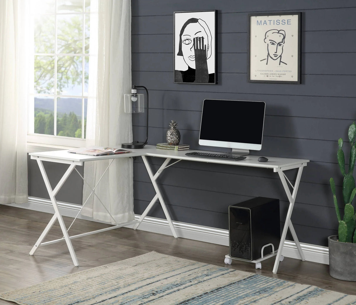 White Metal Wood L-Shaped Corner Computer Desk - Omega Lifestyles