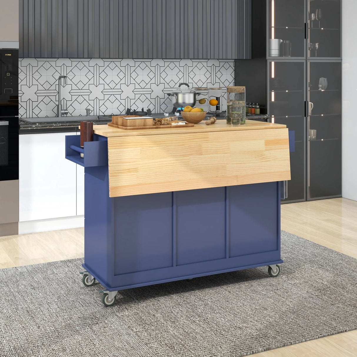 Rolling Mobile Kitchen Island With Solid Wood Top And Storage - Omega Lifestyles