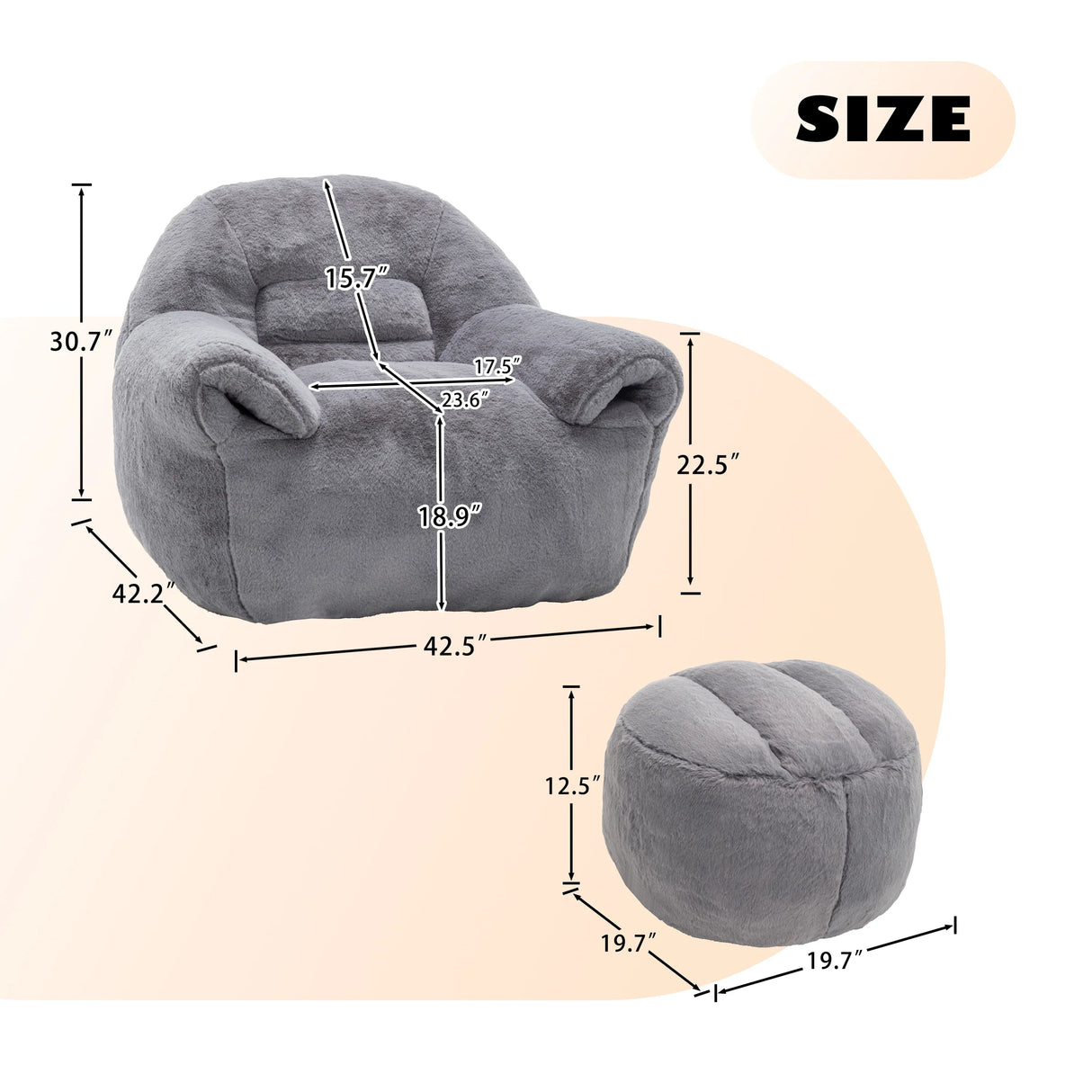 Faux Fur High-Density Foam Bean Bag Chair With Footstool - Omega Lifestyles