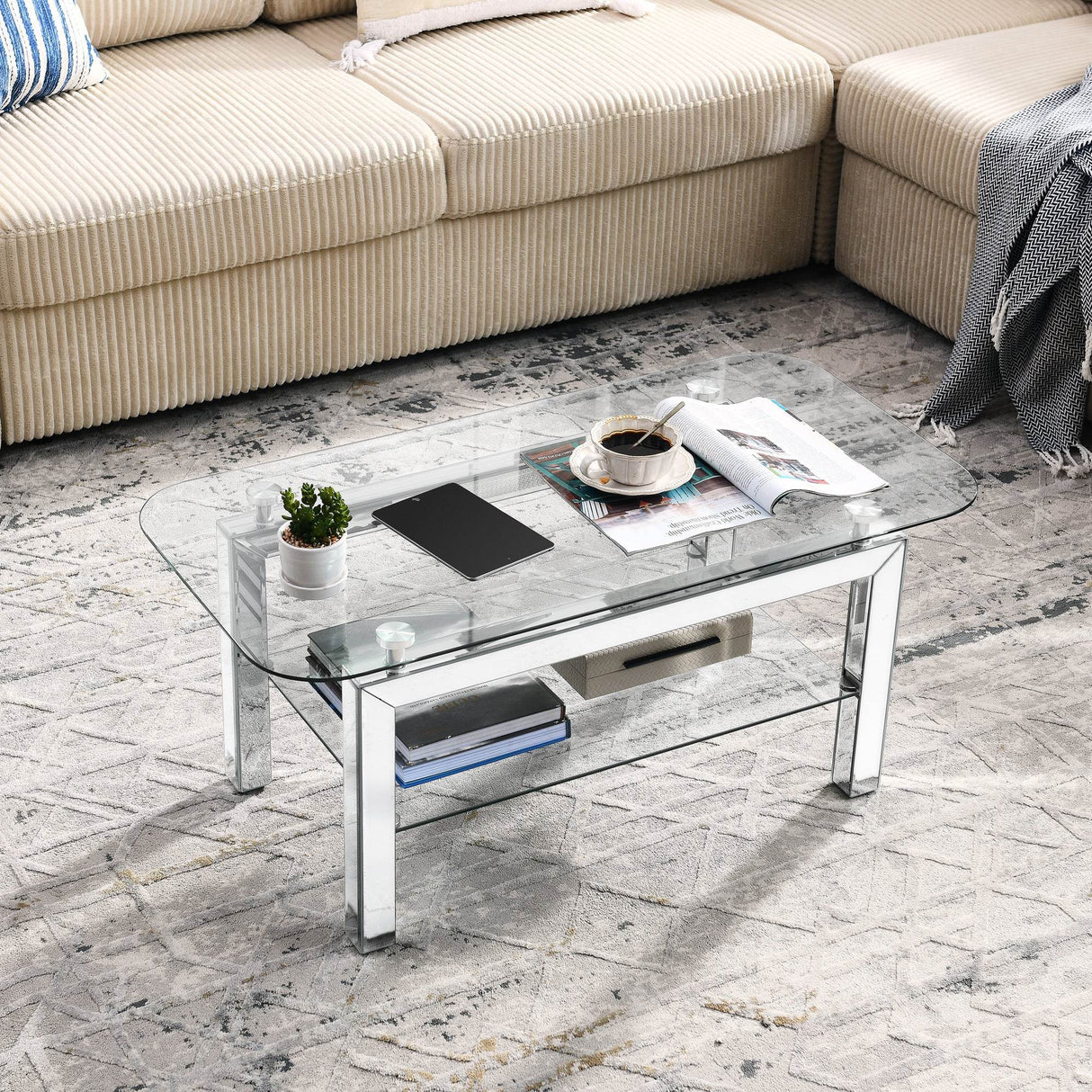 Rectangular Tempered Glass Coffee Table With Mirrored Legs - Sleep Galleria