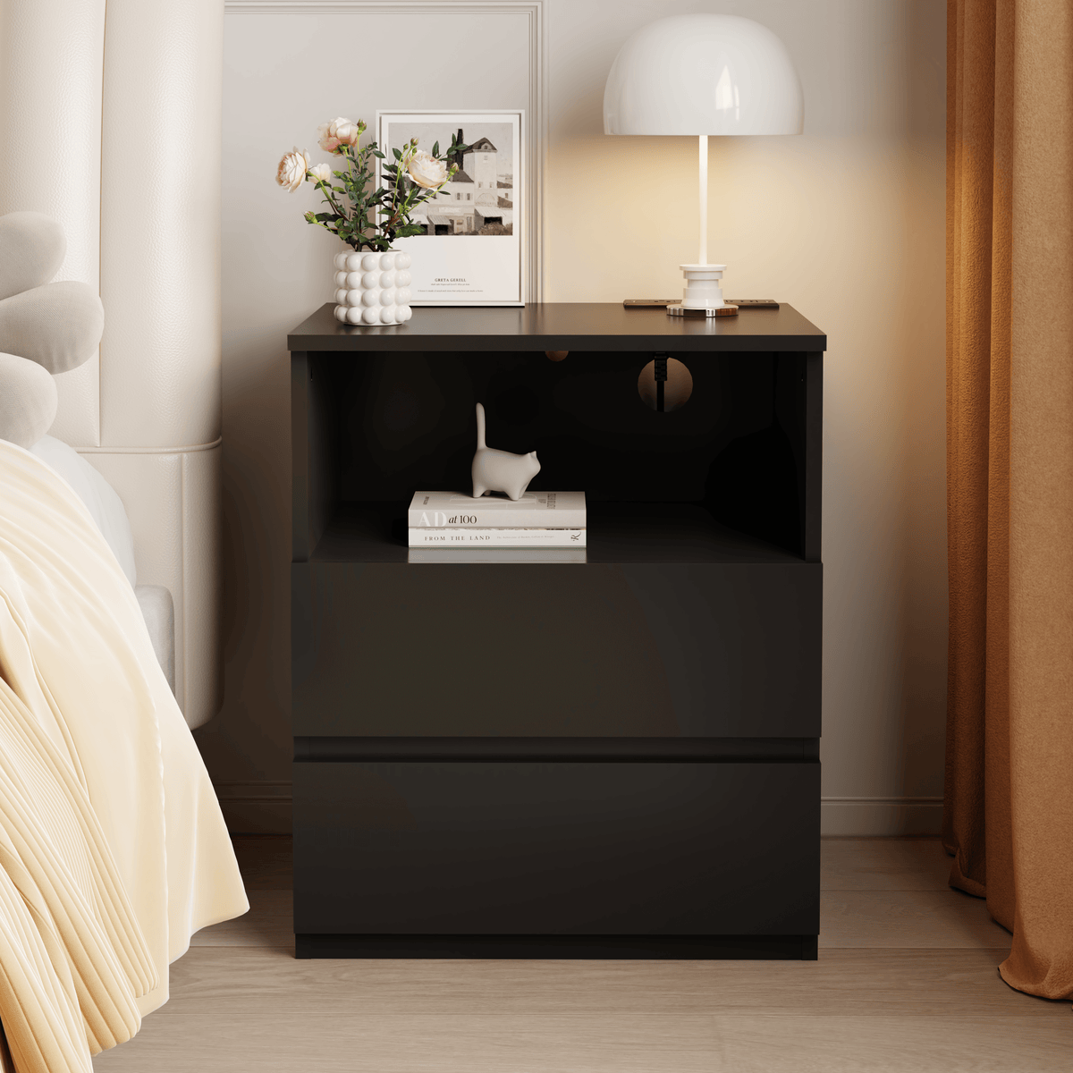 Black USB Charging End Table With Storage Drawers