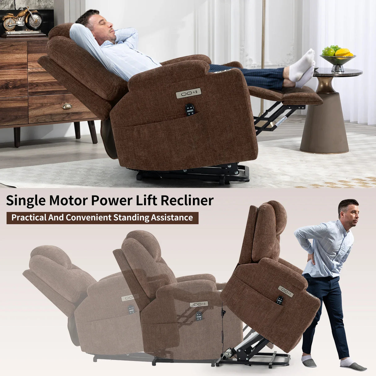 Chenille Power Lift Recliner Chair With Massage Lumbar Heat - Omega Lifestyles