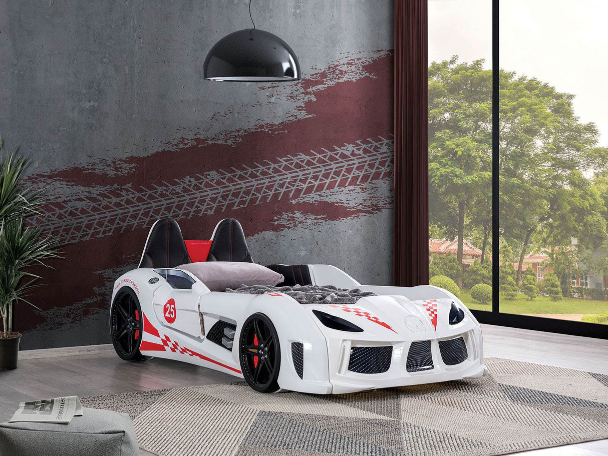 Modern White Leatherette Twin Race Car Bed - Omega Lifestyles