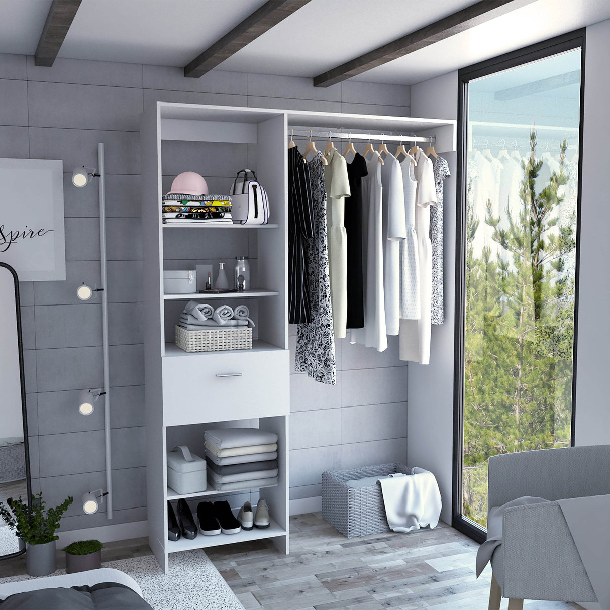 Modern White Hybrid Closet System With Drawer And Rod