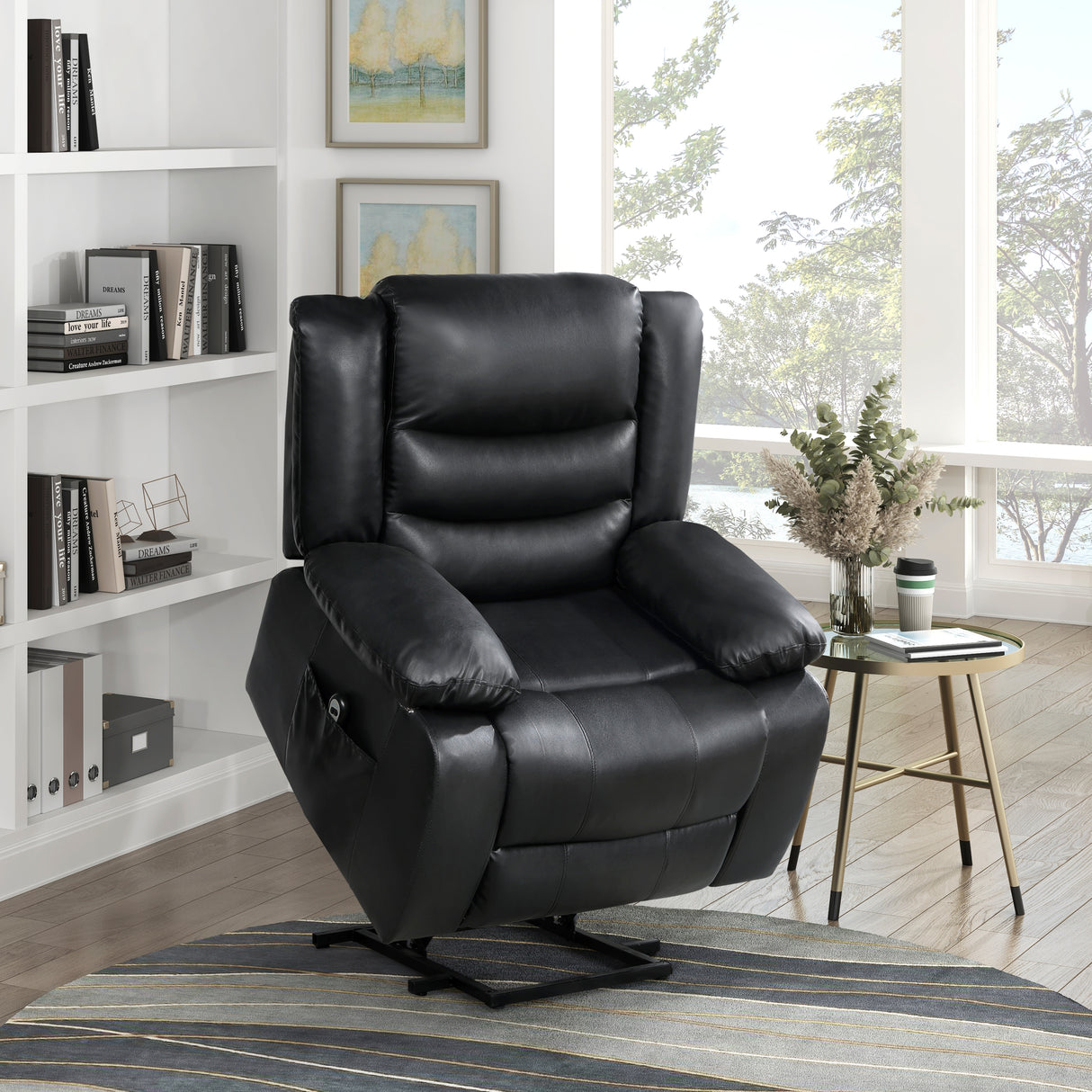 Power Lift Recliner Chair Black Faux Leather Upholstery
