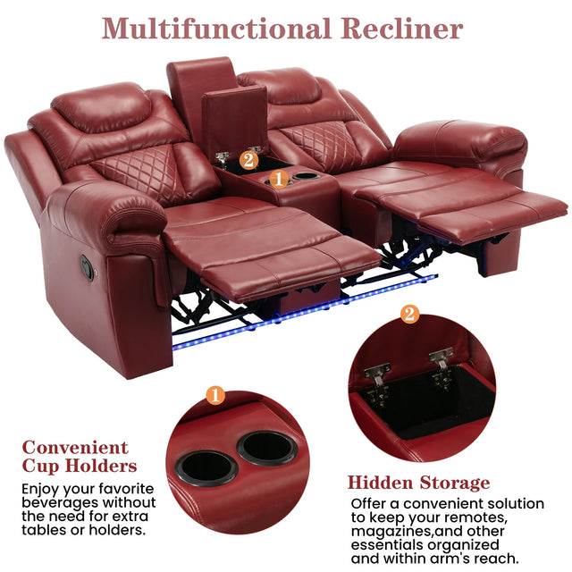 Wine Red Faux Leather Manual Recliner Sofa Set With LED Strip - Omega Lifestyles
